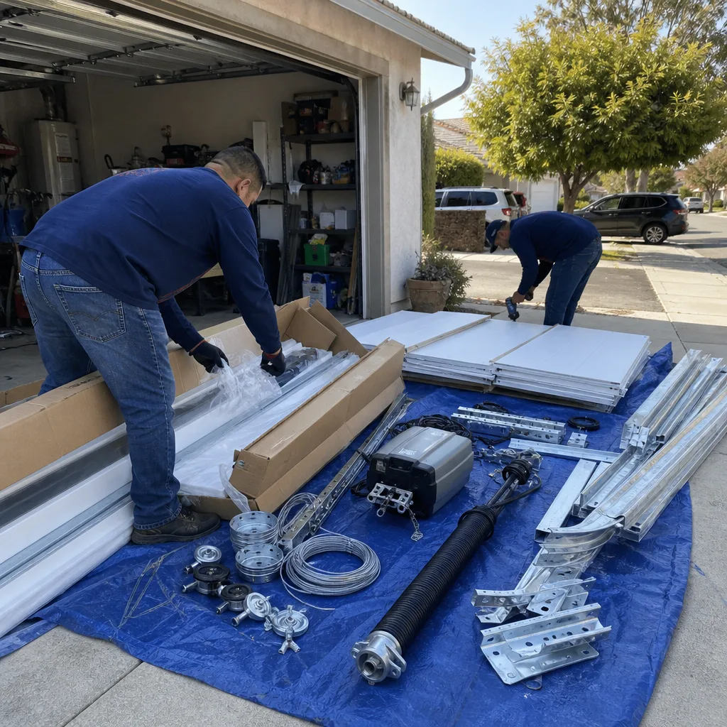 Two professional technicians preparing new garage door components for installation.