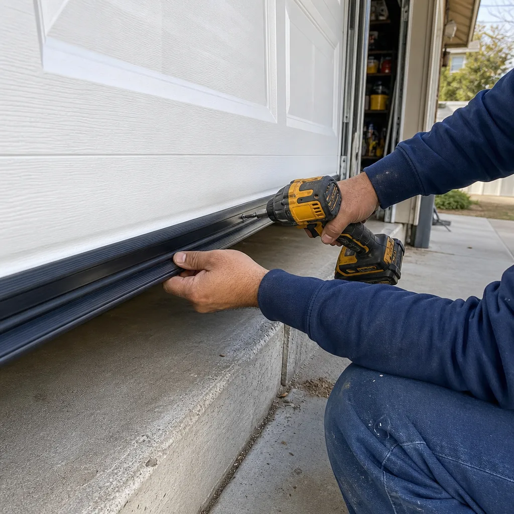 Technician installing a garage door bottom weather seal with a drill