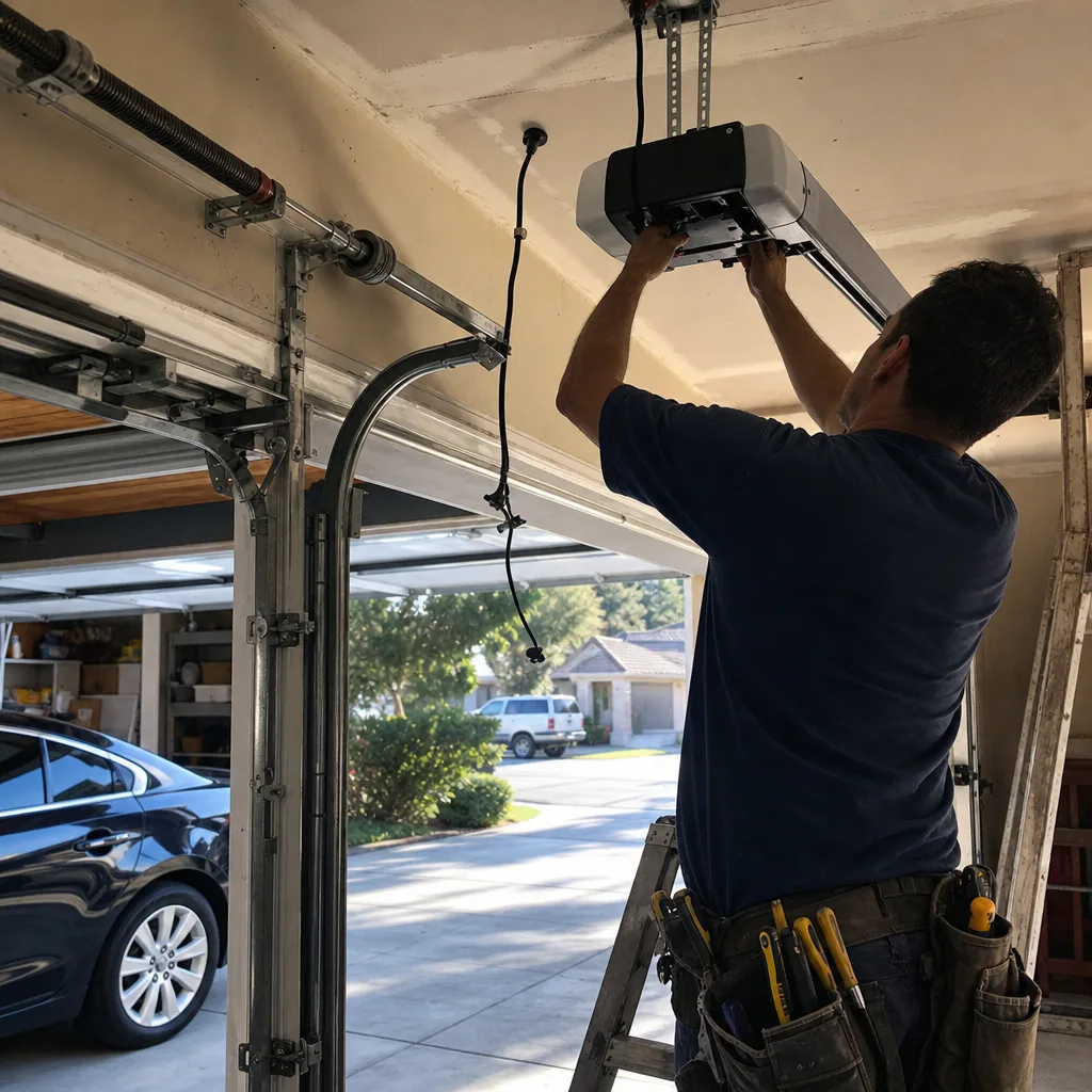 Technician performing professional garage door opener repair and installation.