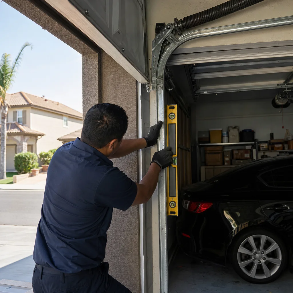 Technician using a level to repair a garage door track