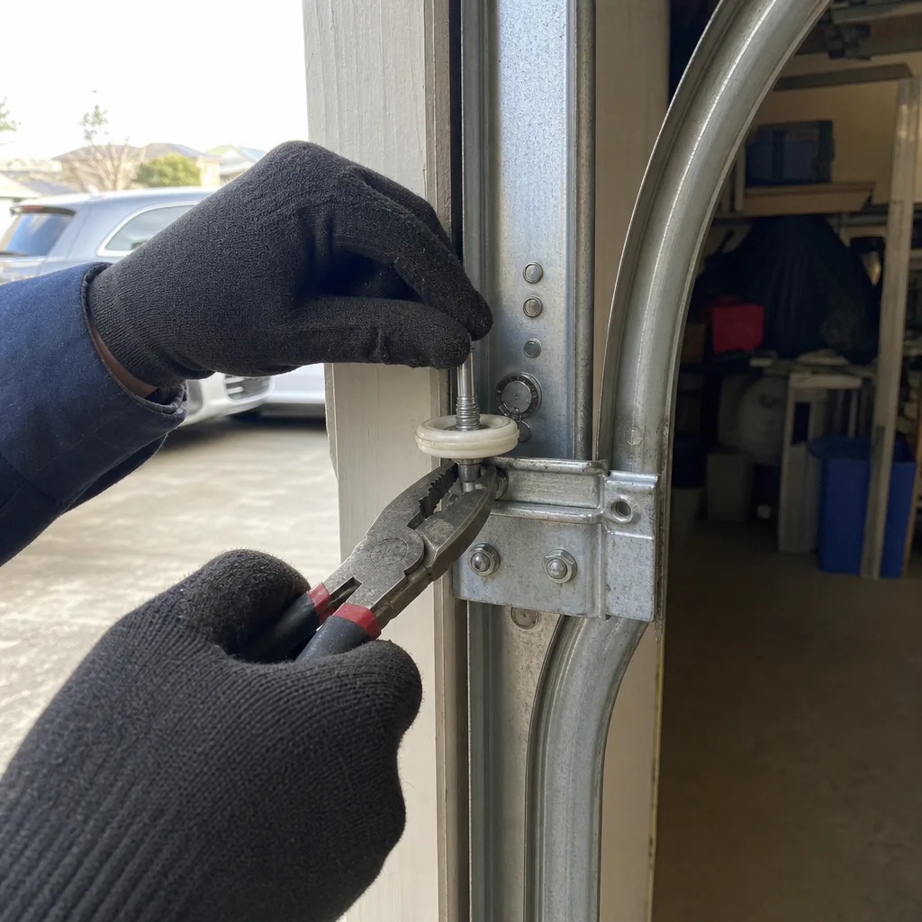 Technician performing garage door roller repair and maintenance