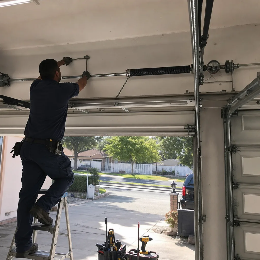 Technician performing professional garage door spring repair services on a residential door